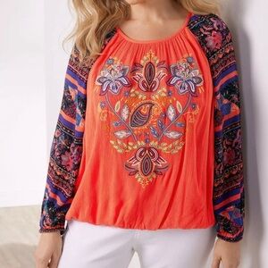 Soft‎ Surroundings Medium Blame Rio Floral Embroidered Boho Raglan Top